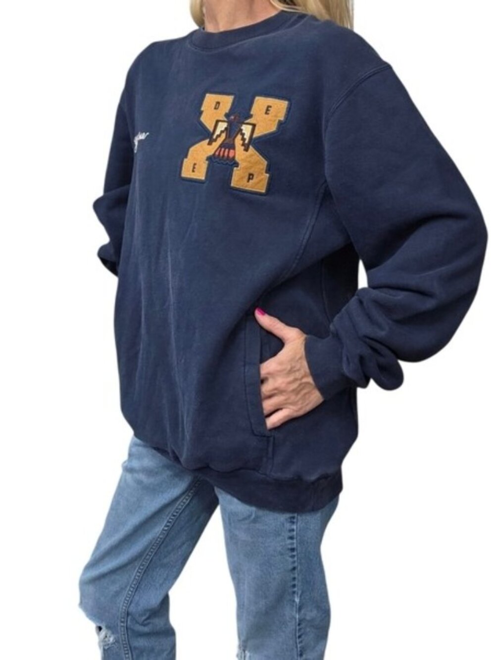 10.Deep Embroidered Navy Pocket Sweatshirt L Streetwear - Picture 2 of 9